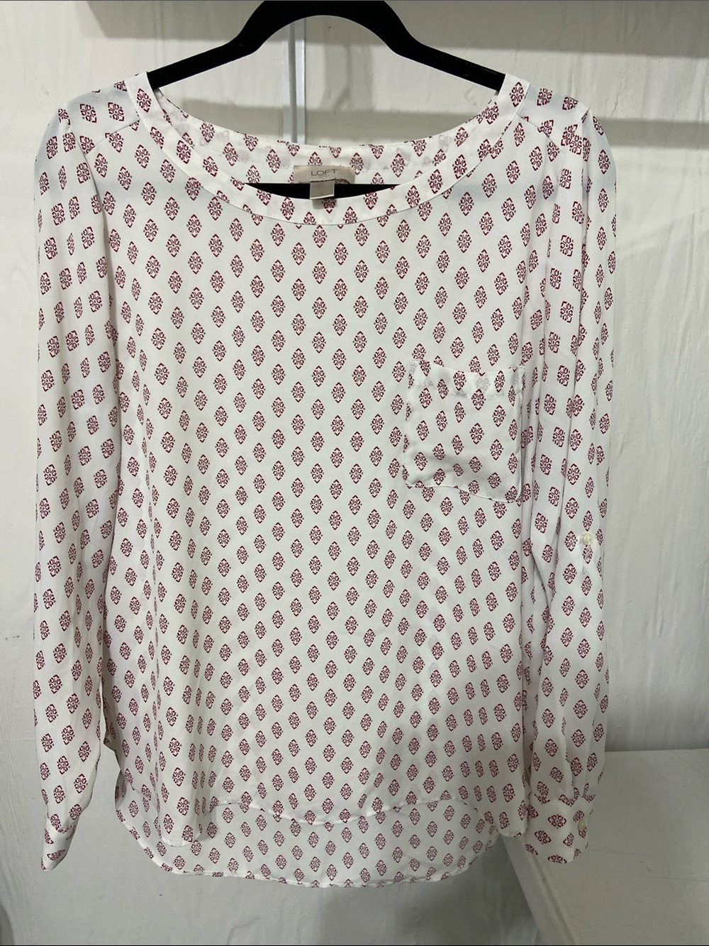 LOFT White Long Sleeve Top with Red Geometric Print